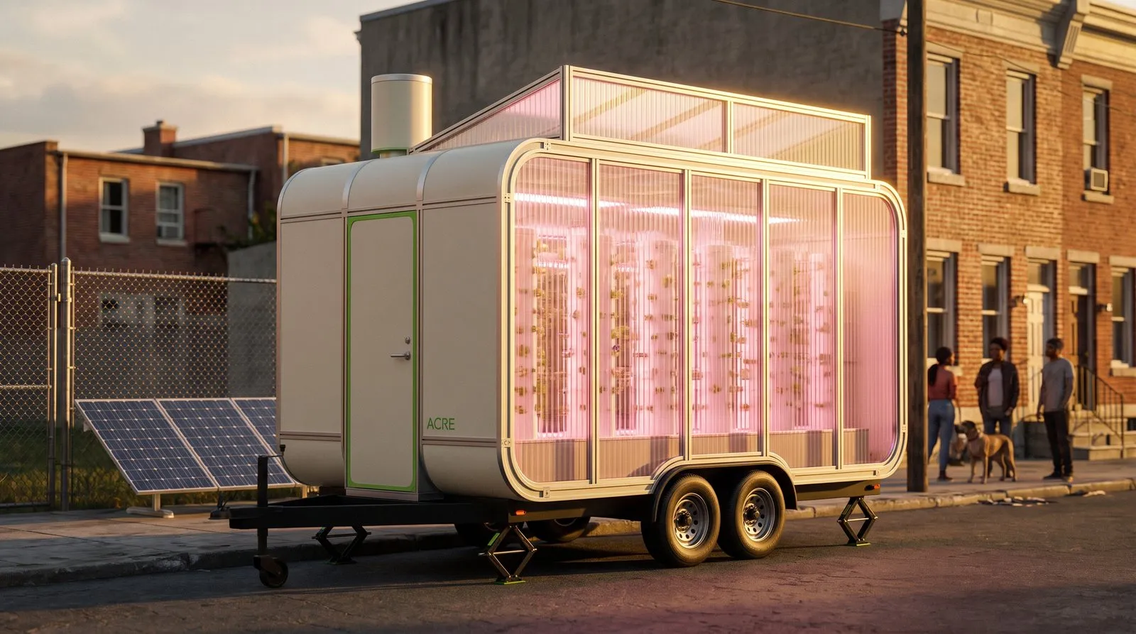 ACRE mobile hydroponic farm concept: exterior at dusk