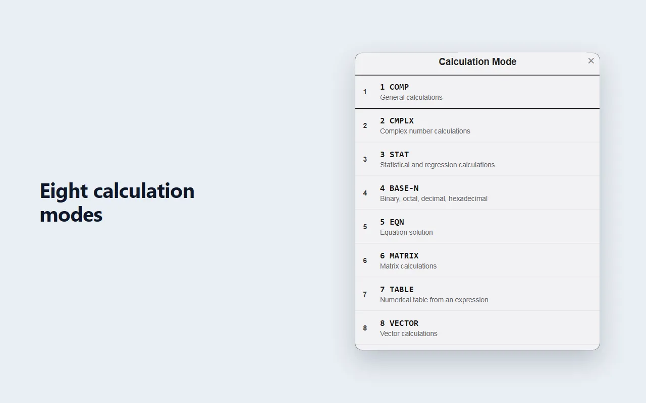 The eight calculation modes menu