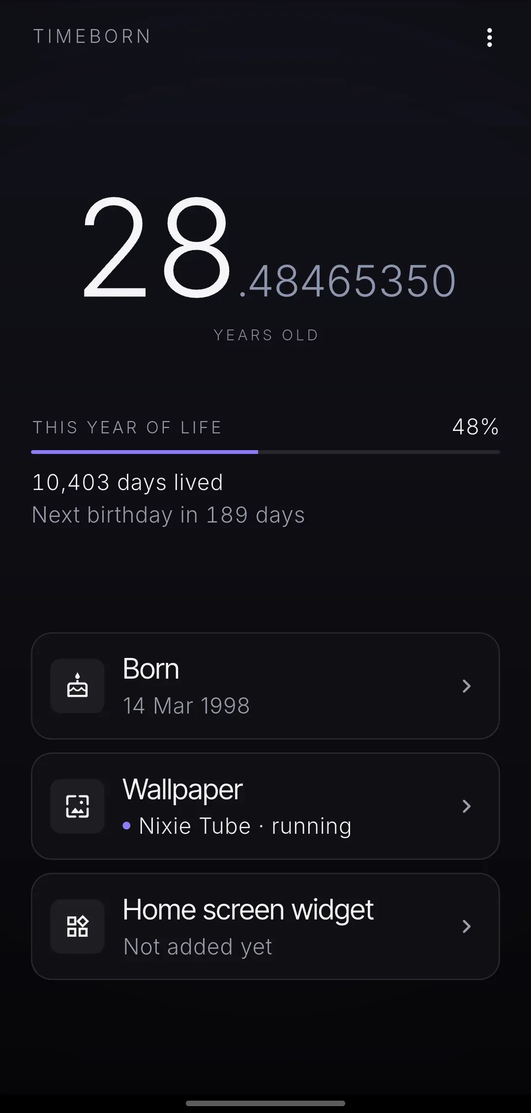 TimeBorn home screen counting age to eight decimals