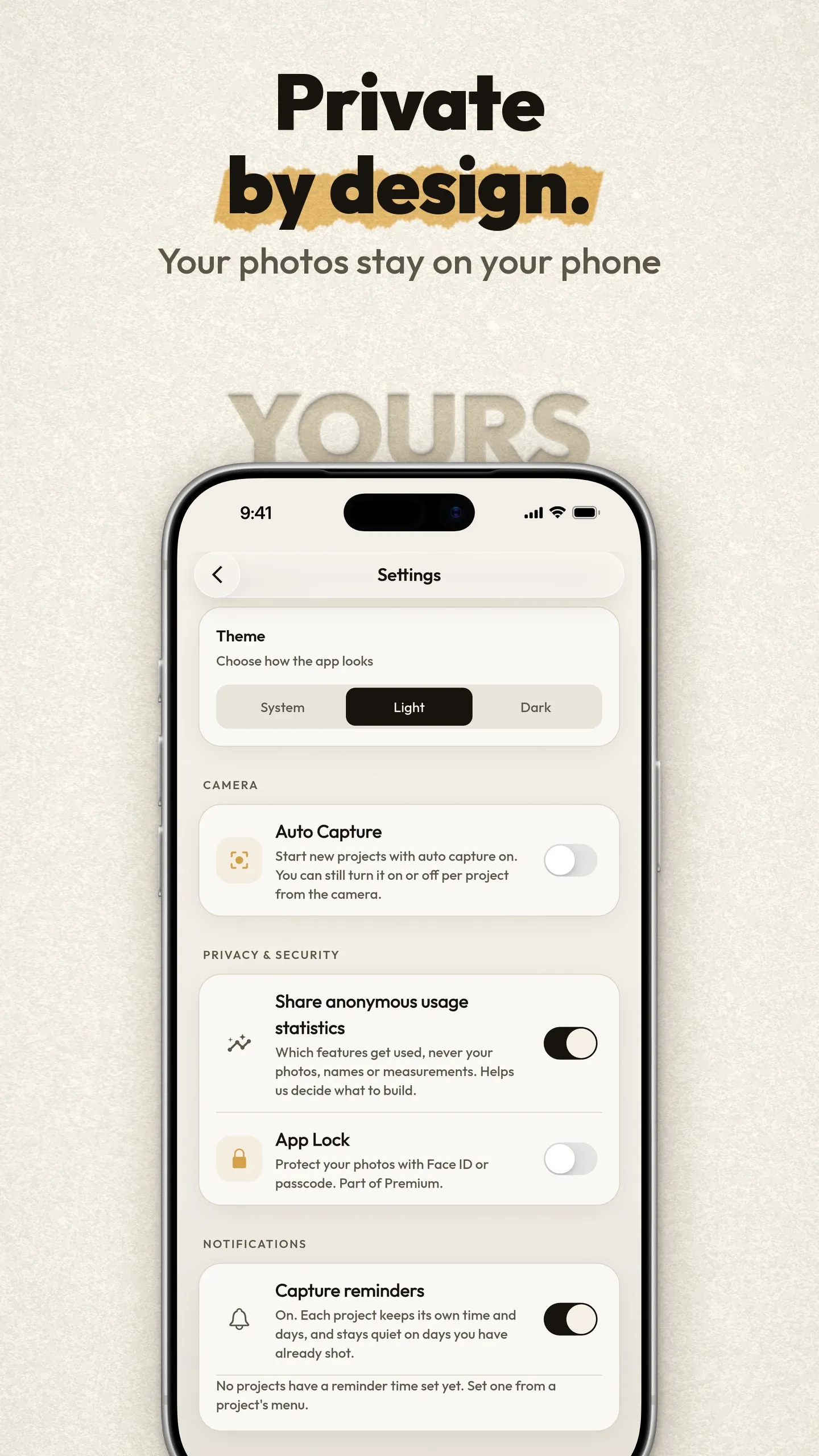 SameShot store image: privacy settings, photos stay on the phone