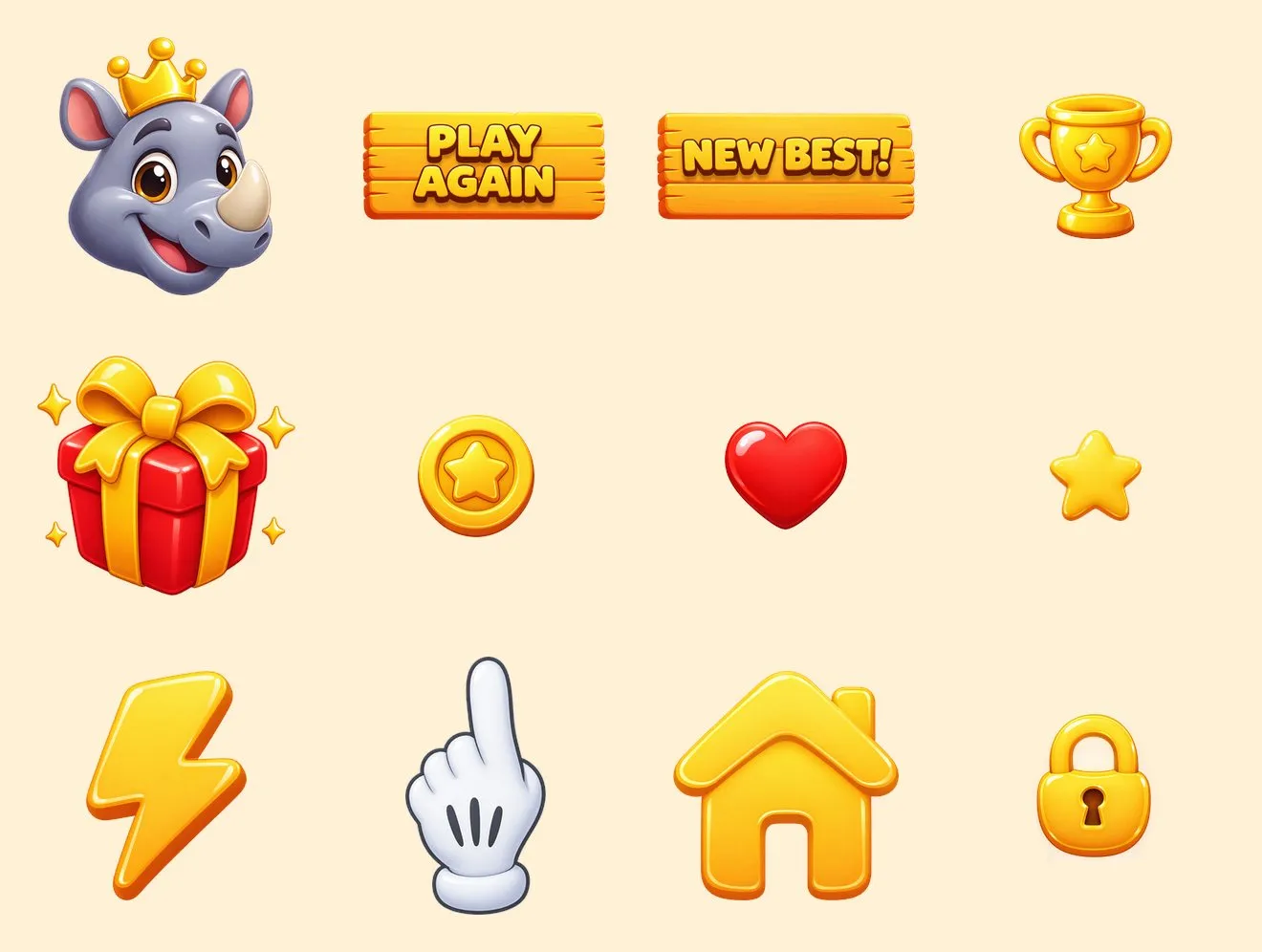 Rhino Dash kids UI kit: a crowned rhino, play again and new best signs, a trophy and gifts