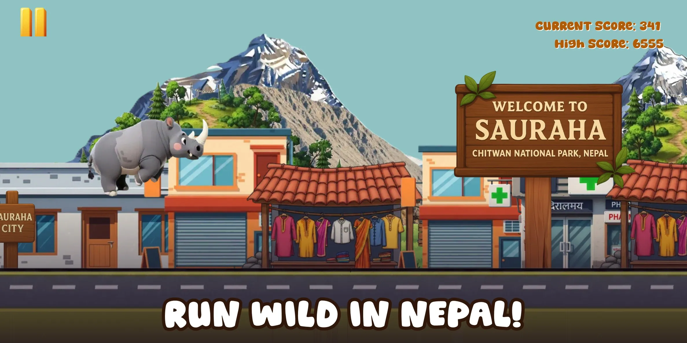 Rhino Dash: the rhino running past the Welcome to Sauraha sign