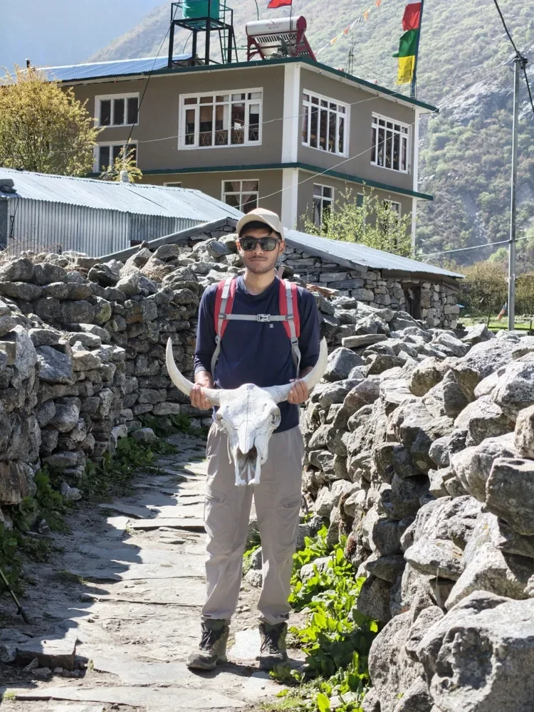 A trekker in sunglasses and a cap holds a yak skull with long horns on a stone path in Langtang village